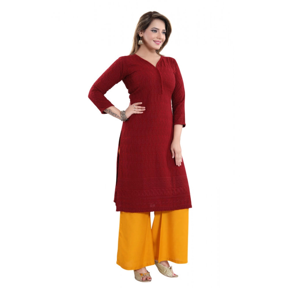 Generic Women's Rayon Embroidered Straight Kurti-Maroon