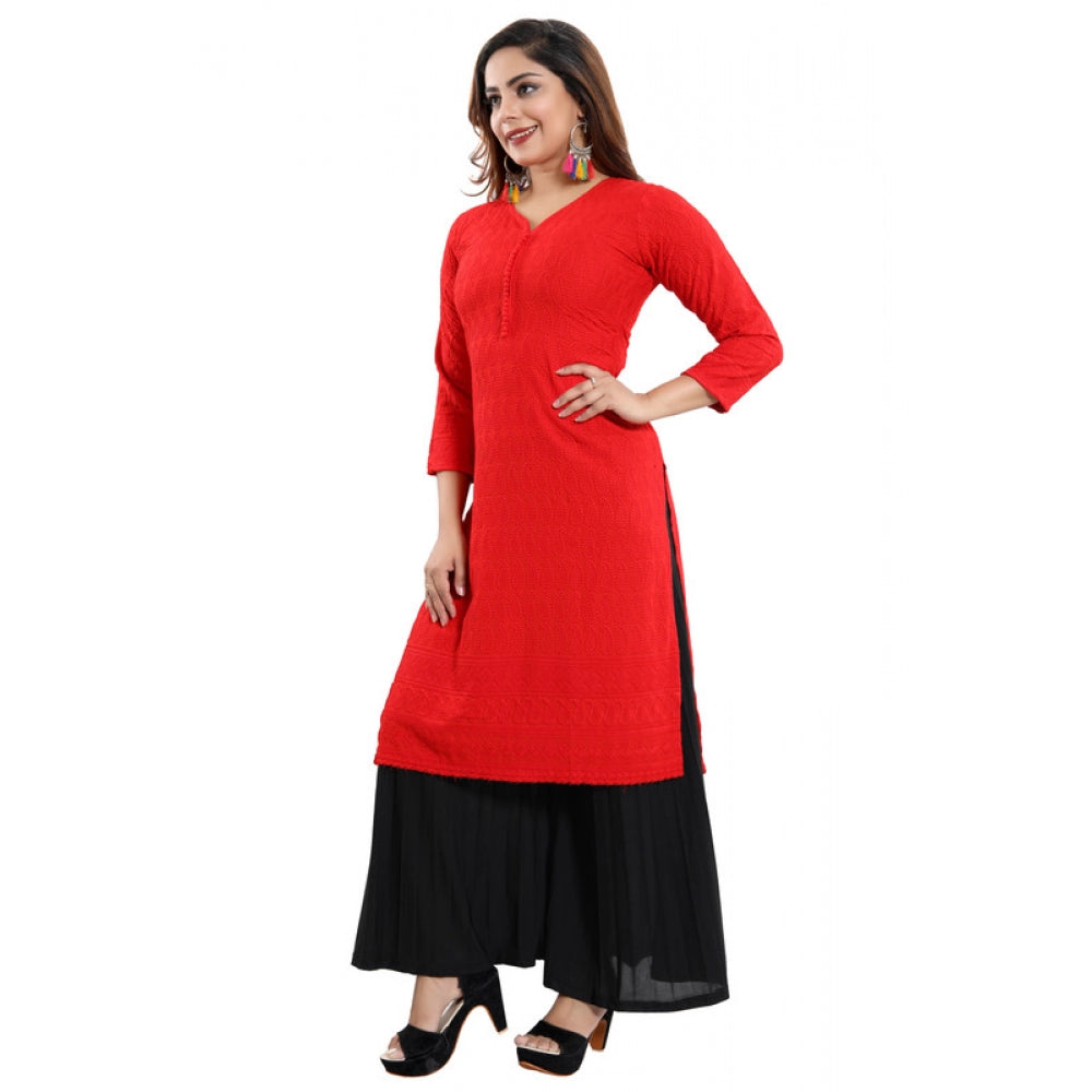 Generic Women's Rayon Embroidered Straight Kurti-Red