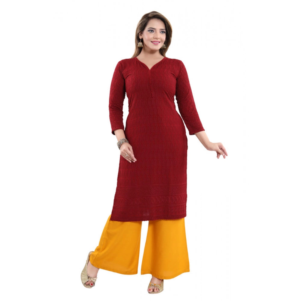 Generic Women's Rayon Embroidered Straight Kurti-Maroon