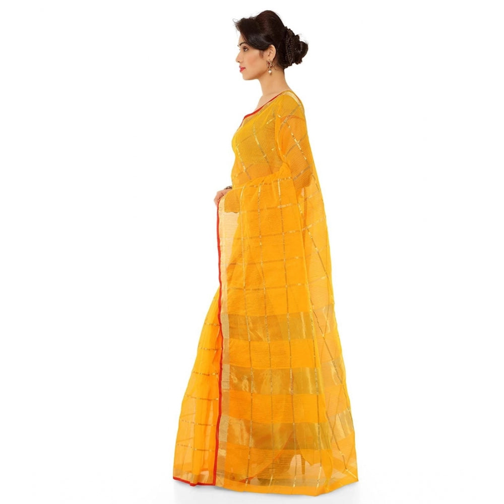 Shopper Beast Women's Kota Doria Cotton Saree With Blouse (Yellow,6-3 Mtrs)