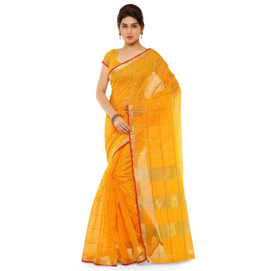 Shopper Beast Women's Kota Doria Cotton Saree With Blouse (Yellow,6-3 Mtrs)