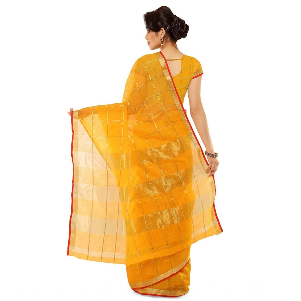 Shopper Beast Women's Kota Doria Cotton Saree With Blouse (Yellow,6-3 Mtrs)