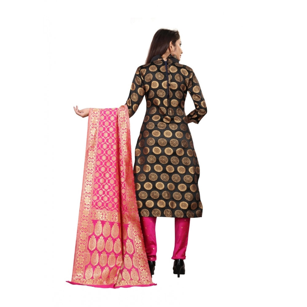 Generic Women's Jacquard Silk Unstitched Salwar-Suit Material With Dupatta (Black,2-2.5Mtrs)