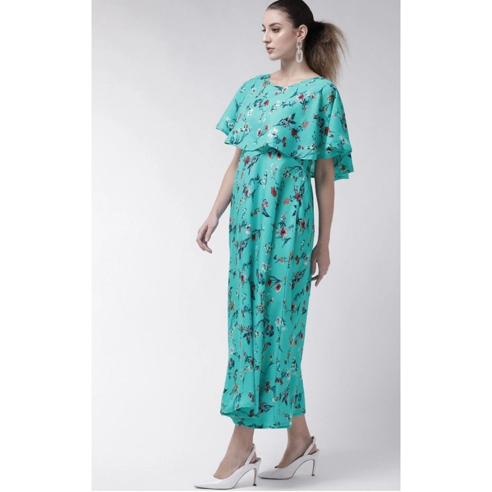 Generic Women's Crepe Floral Half Sleeves Full Length Gown(Turquoise)