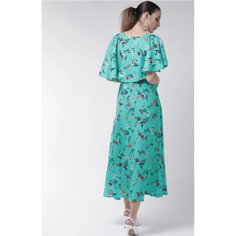 Generic Women's Crepe Floral Half Sleeves Full Length Gown(Turquoise)