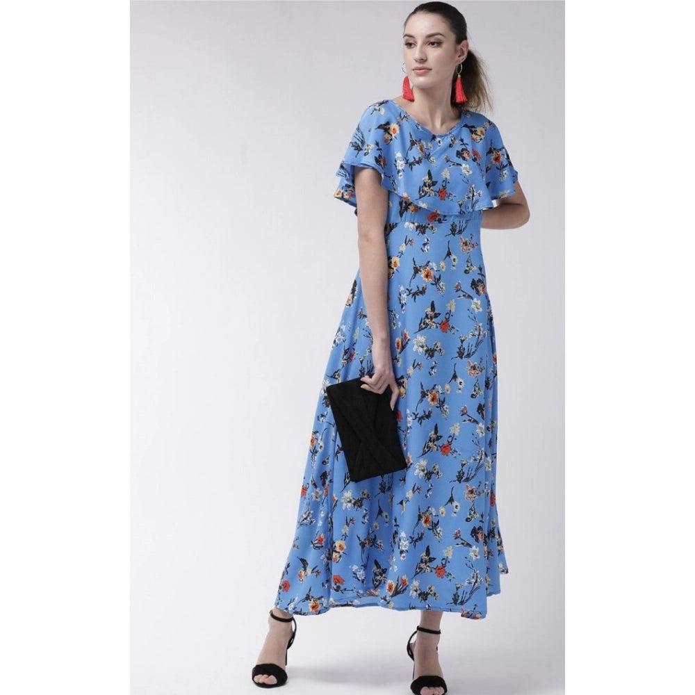 Generic Women's Crepe Floral Half Sleeves Full Length Gown(Blue)