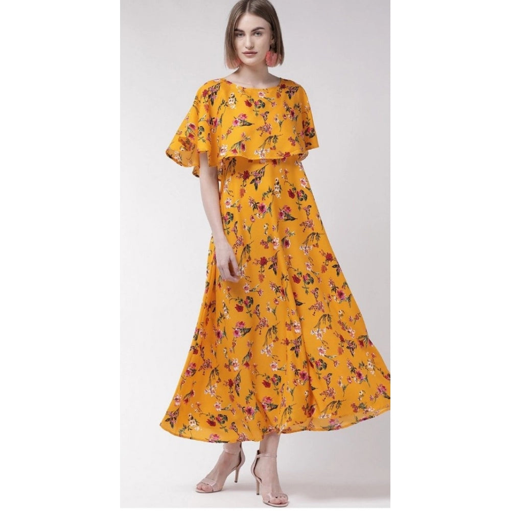 Generic Women's Crepe Floral Half Sleeves Full Length Gown(Yellow)