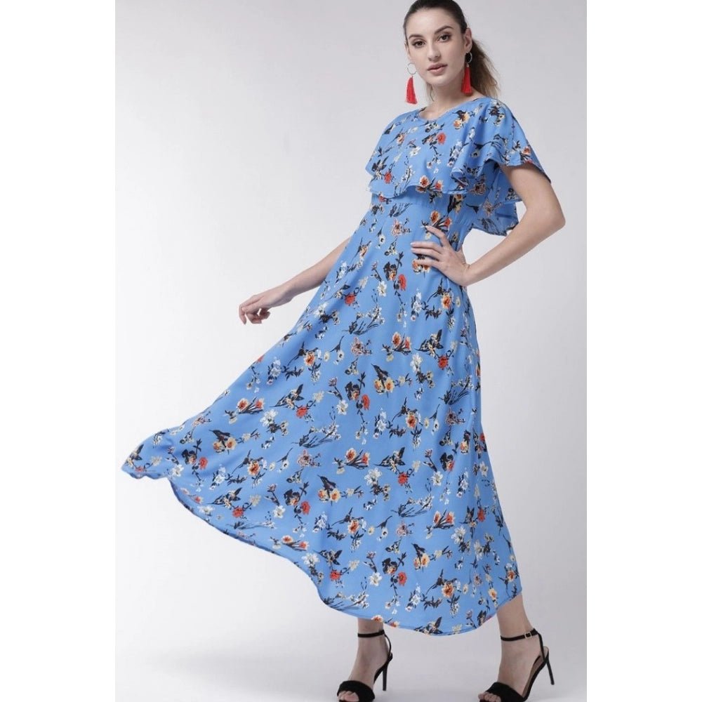 Generic Women's Crepe Floral Half Sleeves Full Length Gown(Blue)