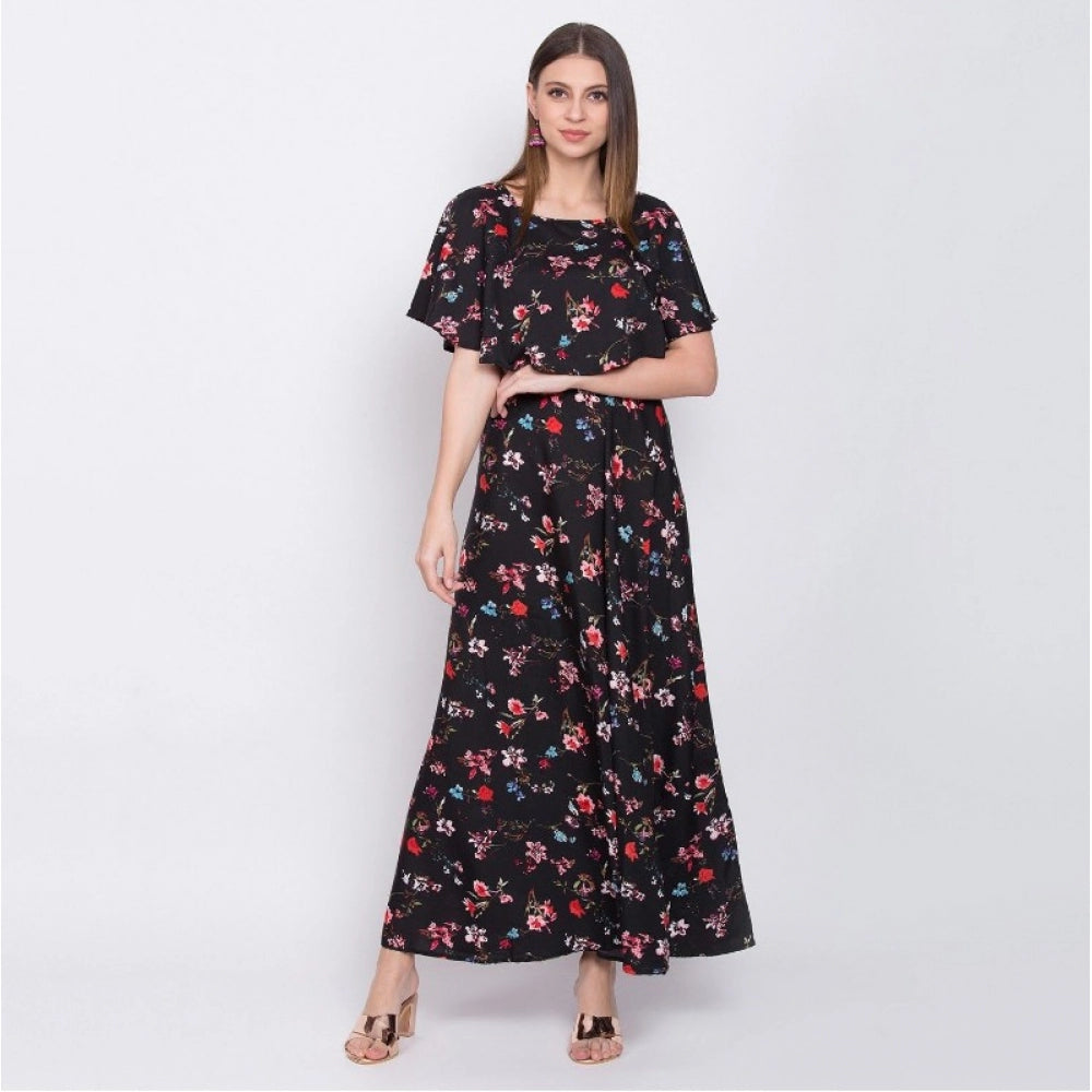 Generic Women's Crepe Floral Half Sleeves Full Length Gown(Black)