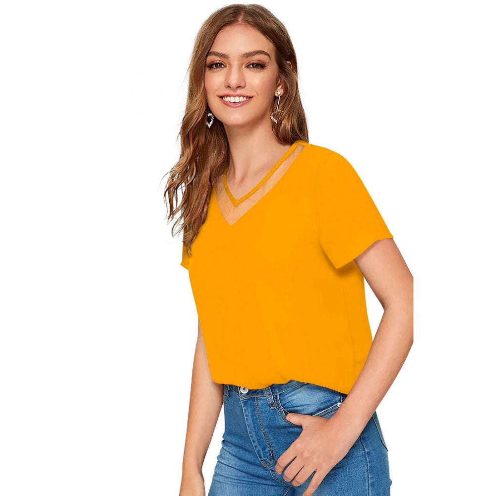 Generic Women's Polyester, Knitting Western Wear T-Shirt (Yellow)