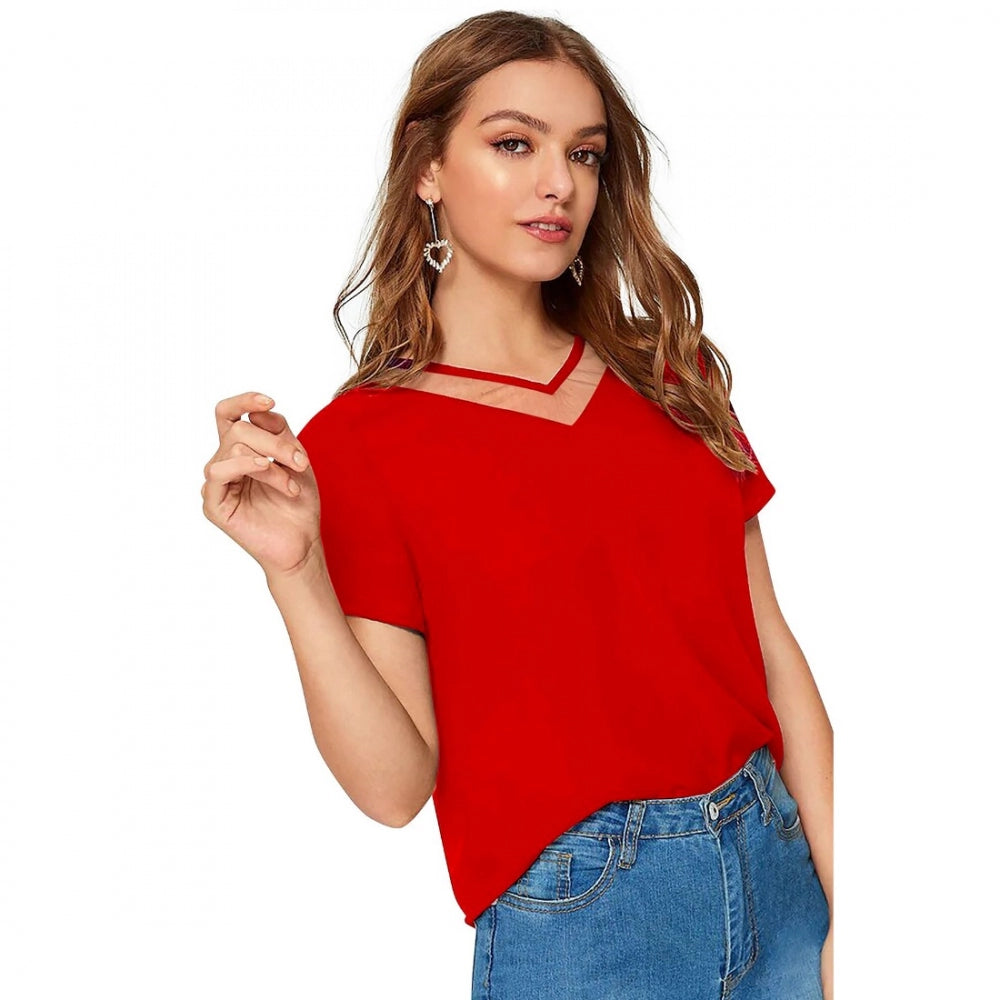 Generic Women's Polyester, Knitting Western Wear T-Shirt (Red)