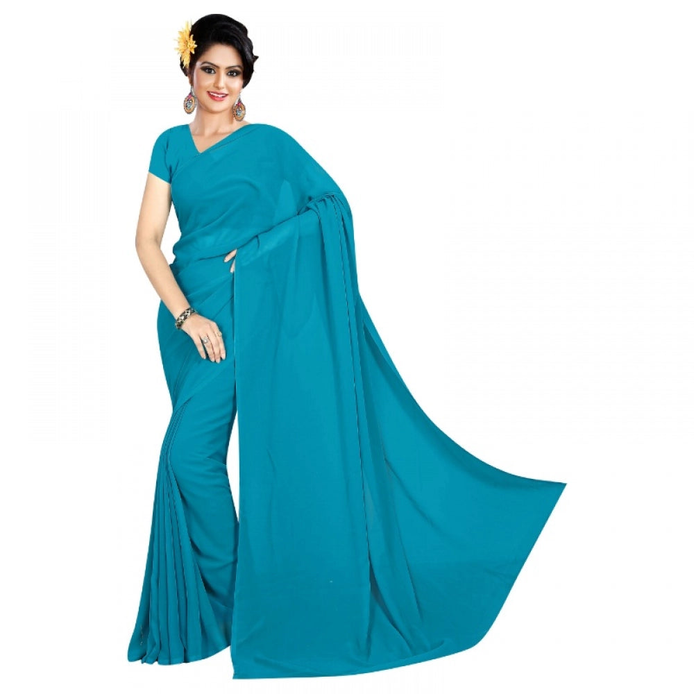 Shopper Beast Women's Georgette Plain Saree With Blouse (Dark Firozi, 5-6 Mtrs)