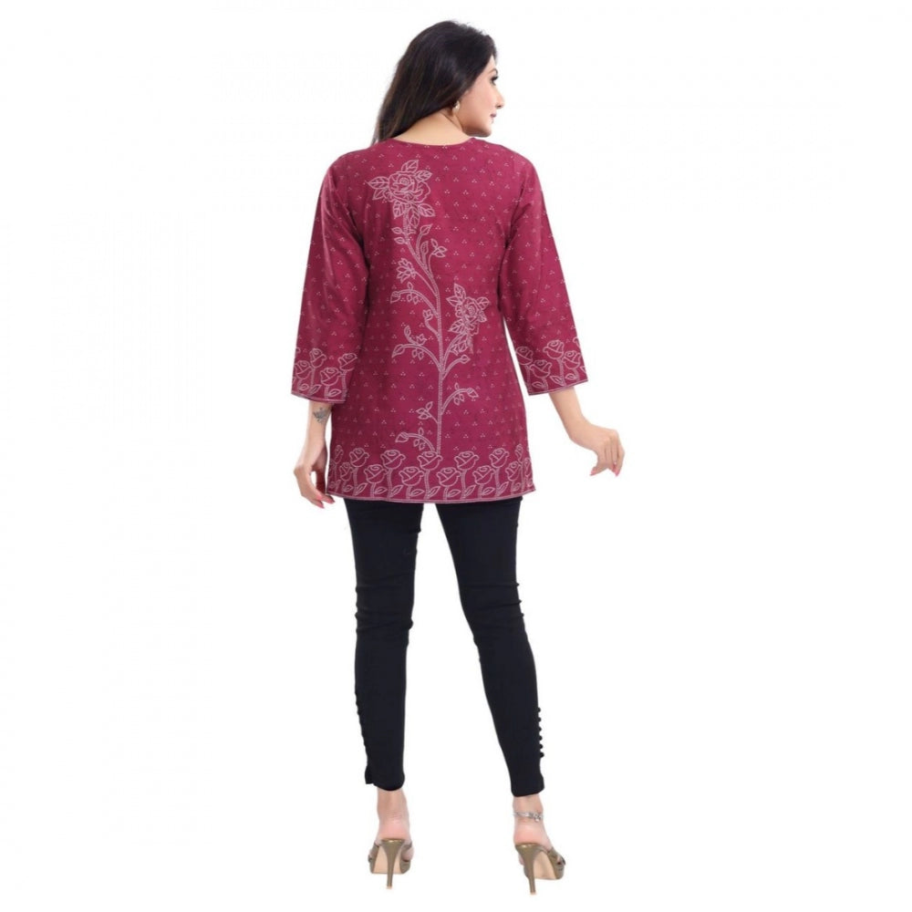 Generic Women's Quarter Sleeve Faux Crepe Printed Short Kurti Tunic Top (Color:Magenta)