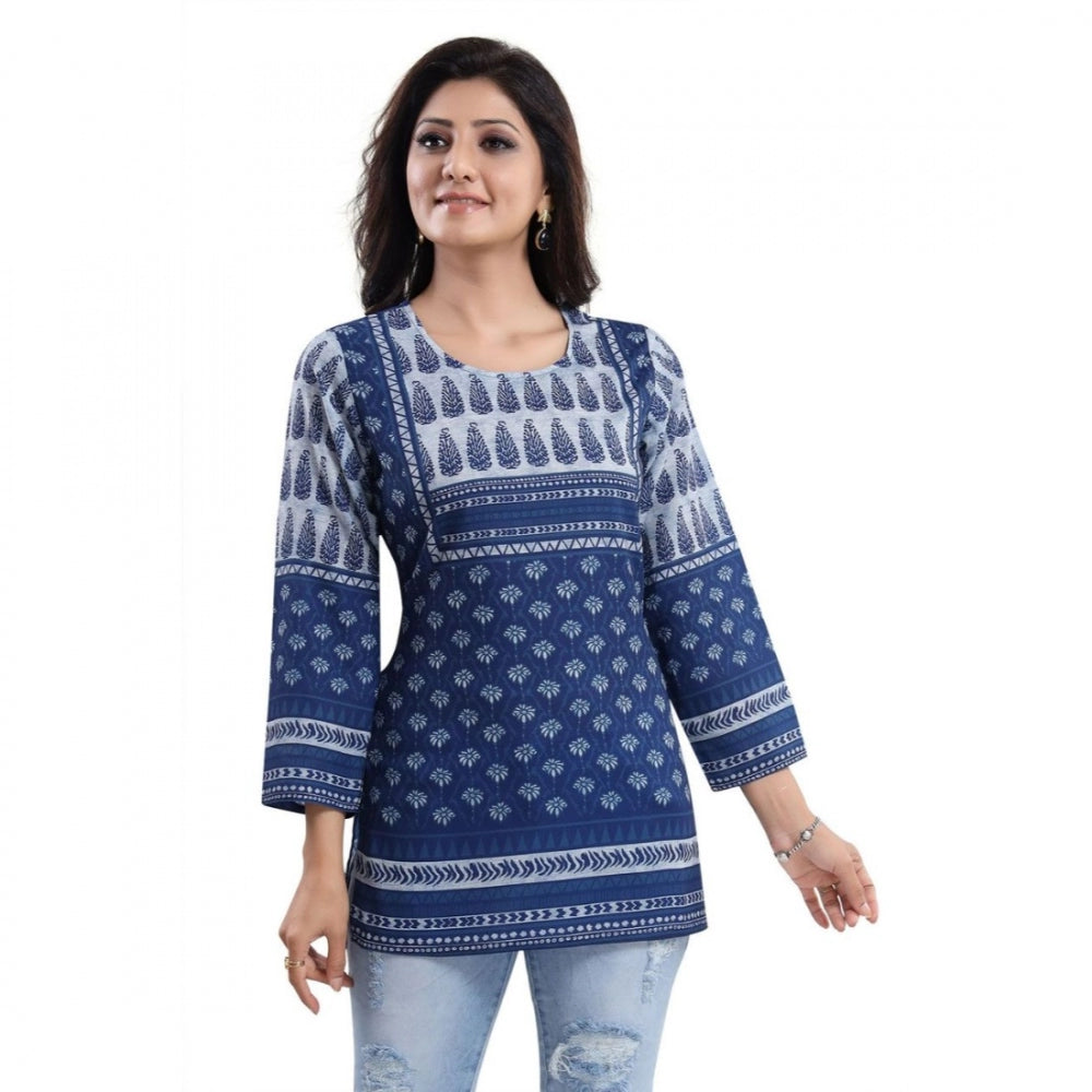 Generic Women's Quarter Sleeve Faux Crepe Printed Short Kurti Tunic Top (Color:Blue)