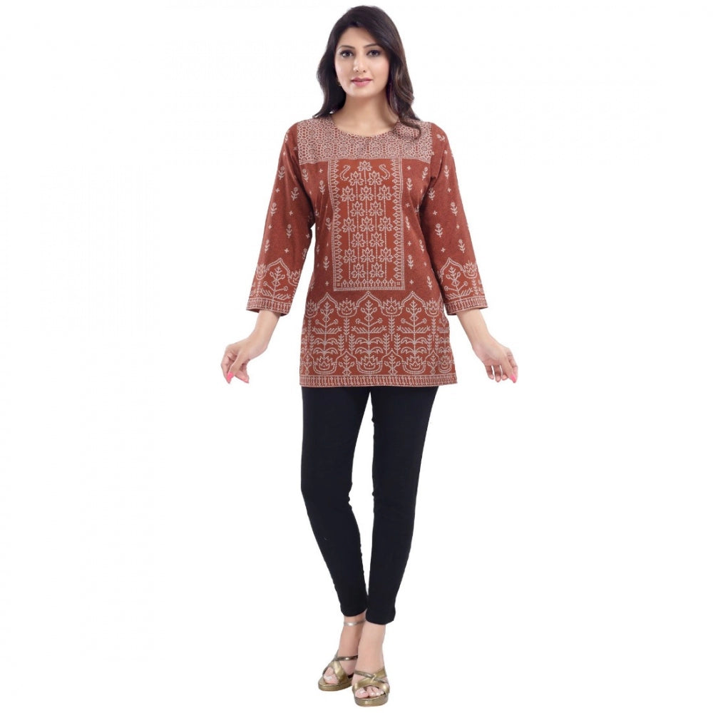 Generic Women's Quarter Sleeve Faux Crepe Printed Short Kurti Tunic Top (Color:Rust)