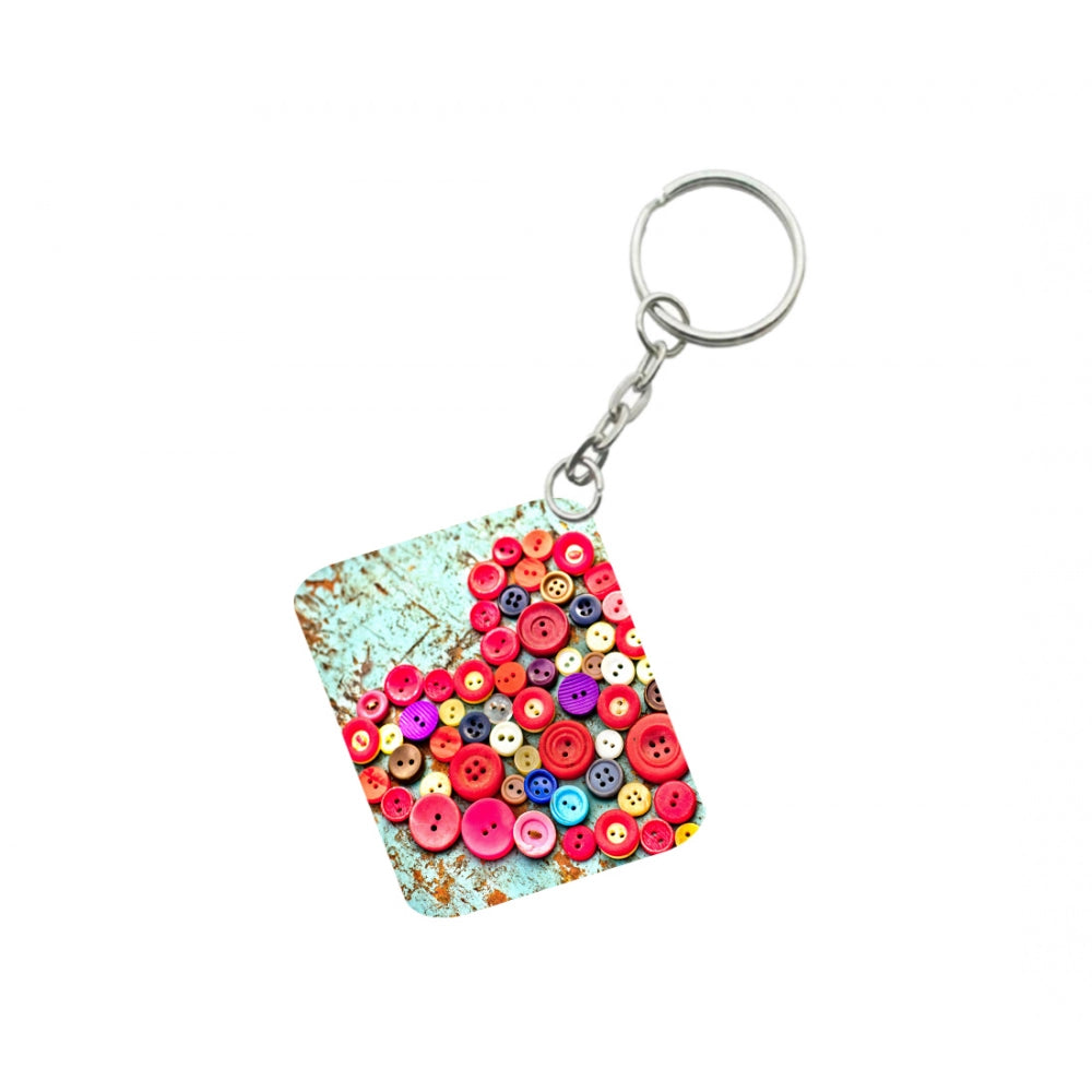 Generic Pack Of 3_ Heart Shape Decorated With Buttons One Side Printed Rectangle Designer Keychain (Multi Color)