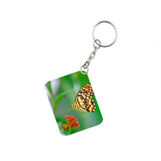 Generic Pack Of 3_ Red Flower With Butterfly One Side Printed Rectangle Designer Keychain (Red)