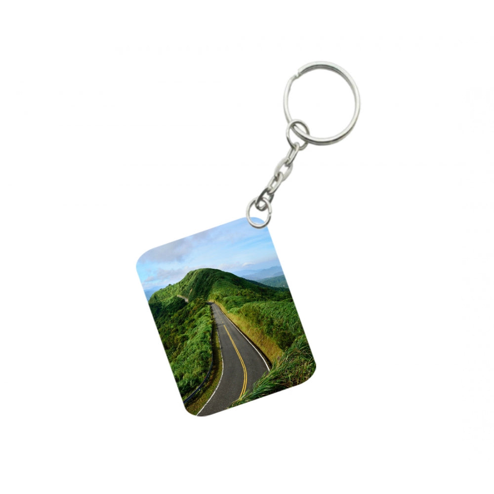 Generic Pack Of 3_ Landscape Mountains Road Green One Side Printed Rectangle Designer Keychain (Green)