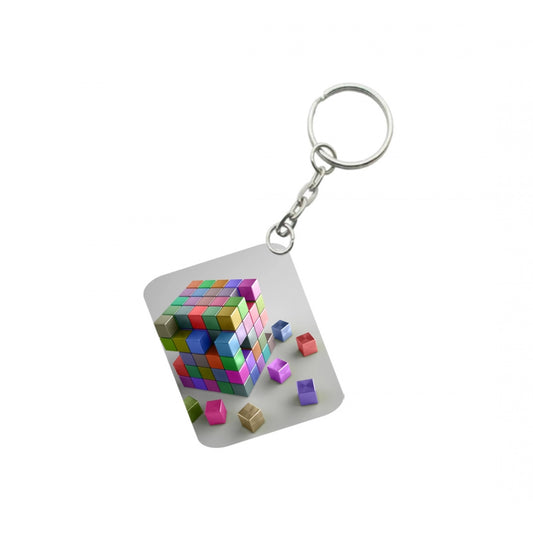 Generic Pack Of 3_ 3D Cubes One Side Printed Rectangle Designer Keychain (Multi Color)