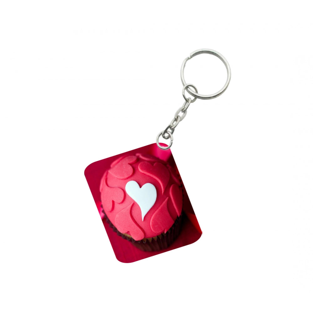 Generic Pack Of 3_ Cake Shape Pink Heart One Side Printed Rectangle Designer Keychain (Red)