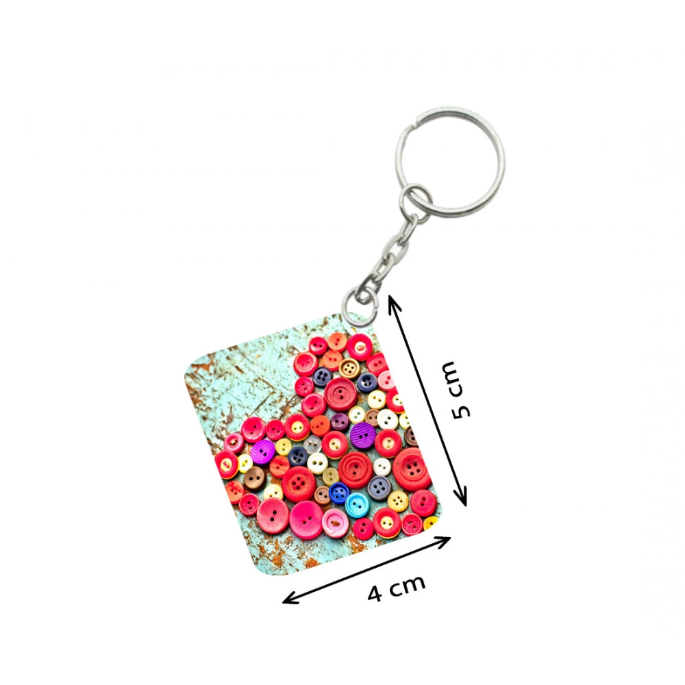 Generic Pack Of 3_ Heart Shape Decorated With Buttons One Side Printed Rectangle Designer Keychain (Multi Color)