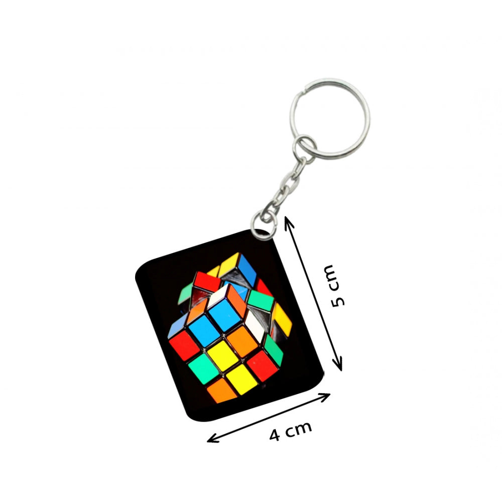 Generic Pack Of 3_ Rubiks Cube One Side Printed Rectangle Designer Keychain (Multi Color)