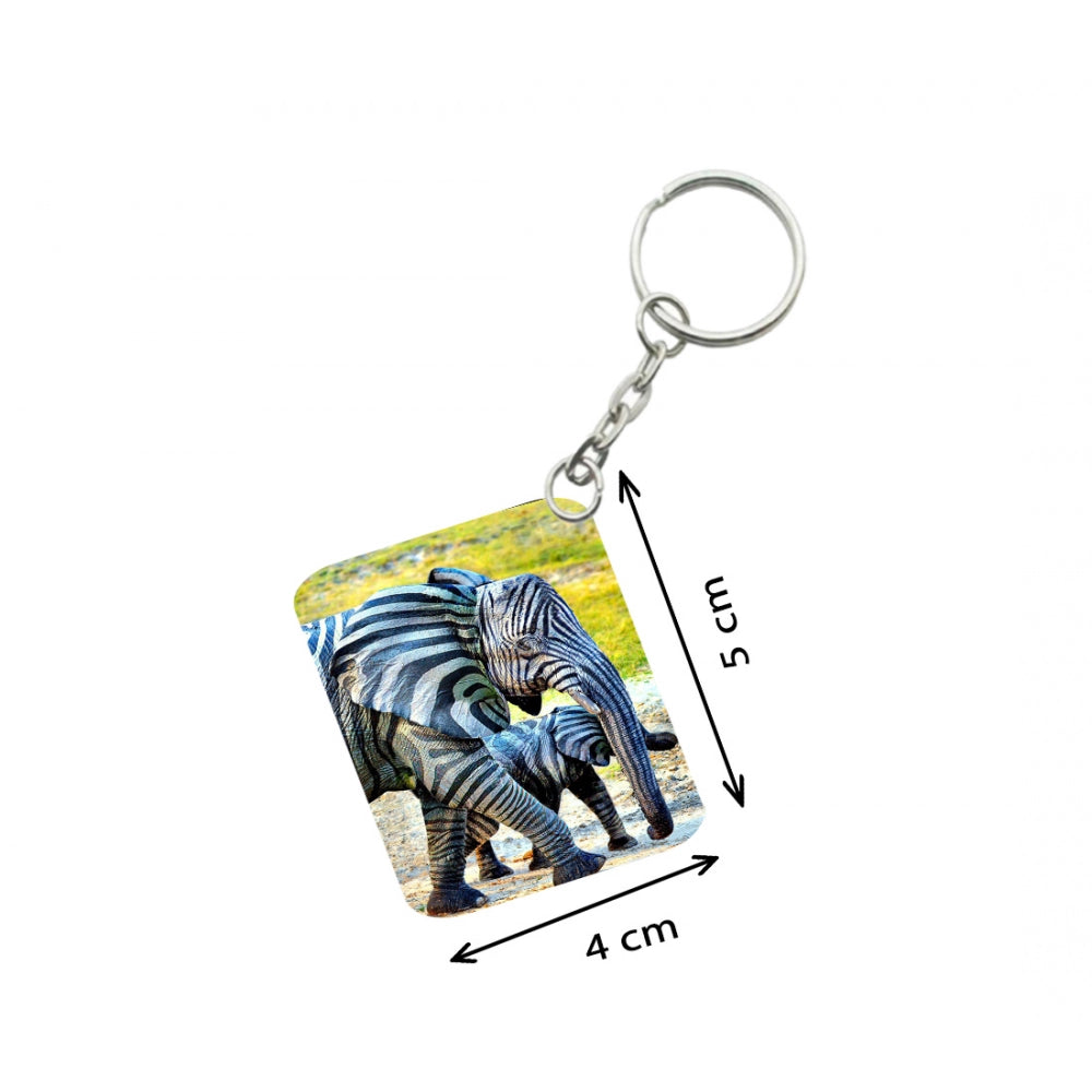 Generic Pack Of 3_ Zebra Elephant One Side Printed Rectangle Designer Keychain (Black and White)