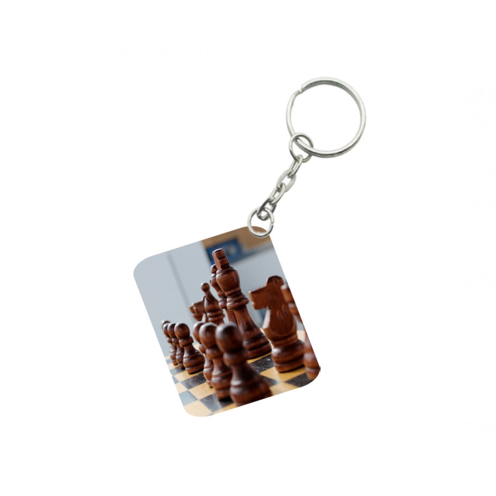 Generic Pack Of 3_ Chess Set One Side Printed Rectangle Designer Keychain (Brown)