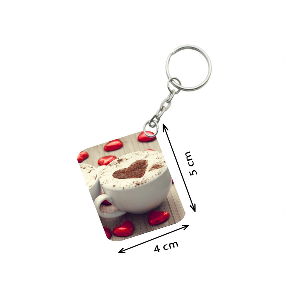 Generic Pack Of 3_ Cup Of Coffee With Heart-Shaped Froth One Side Printed Rectangle Designer Keychain (White)