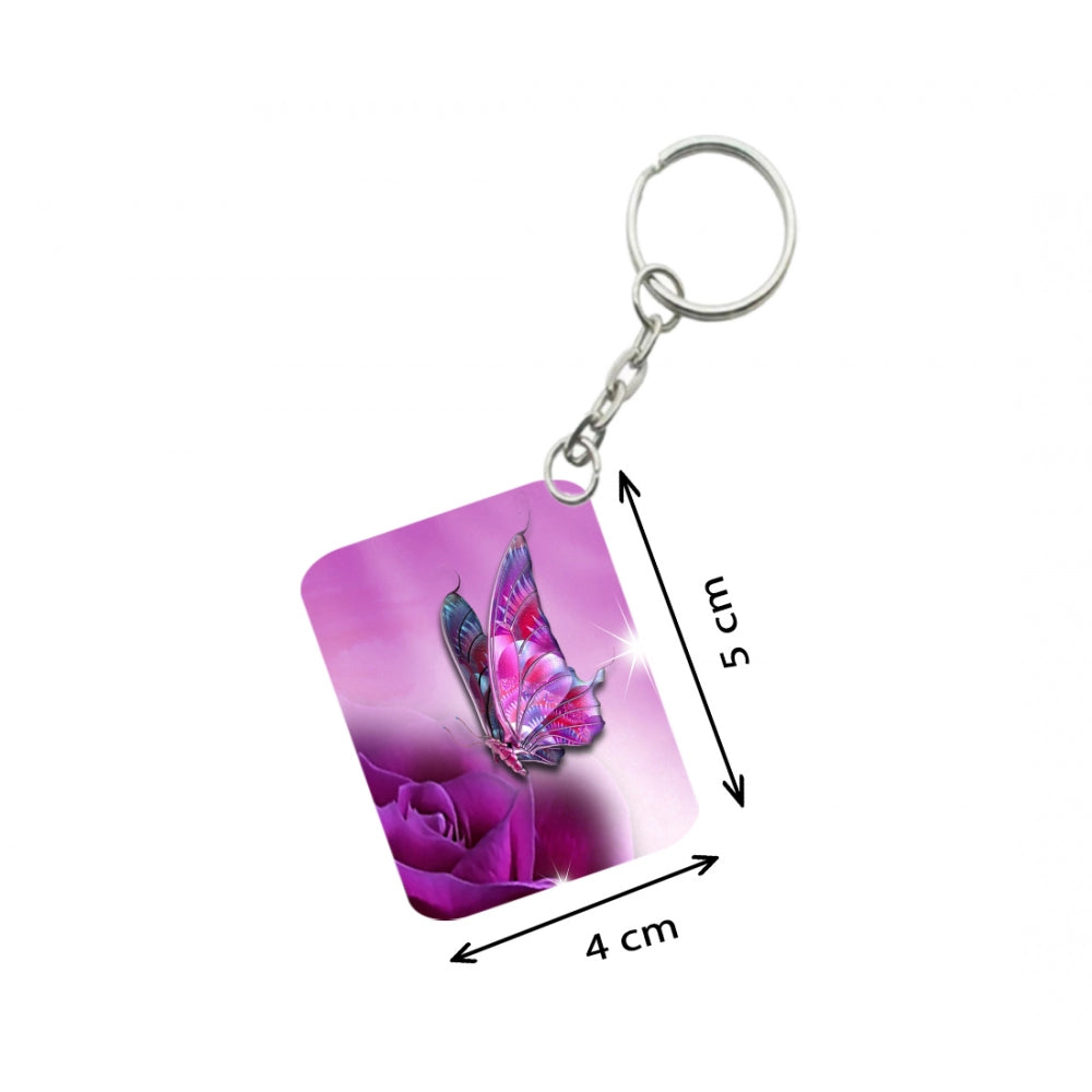 Generic Pack Of 3_ Pink Butterfly One Side Printed Rectangle Designer Keychain (Pink)