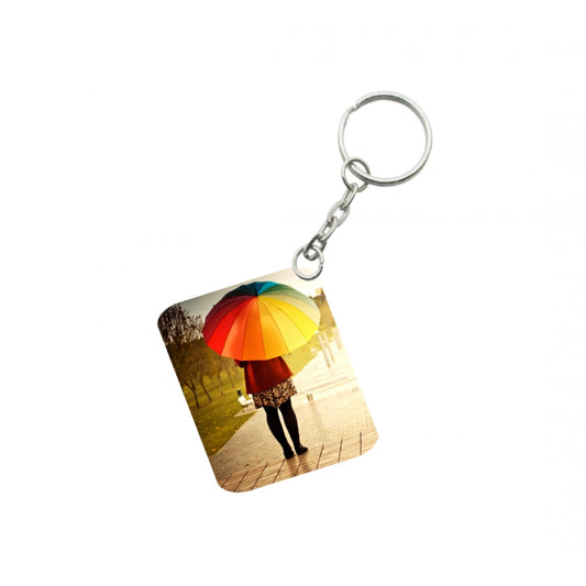 Generic Pack Of 3_ Girl Under Umbrella One Side Printed Rectangle Designer Keychain (Multi Color)