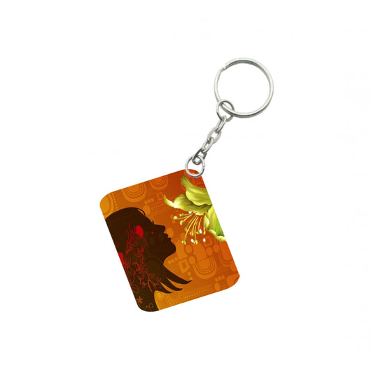 Generic Pack Of 3_ Woman Face Decorated With Flowers One Side Printed Rectangle Designer Keychain (Orange)