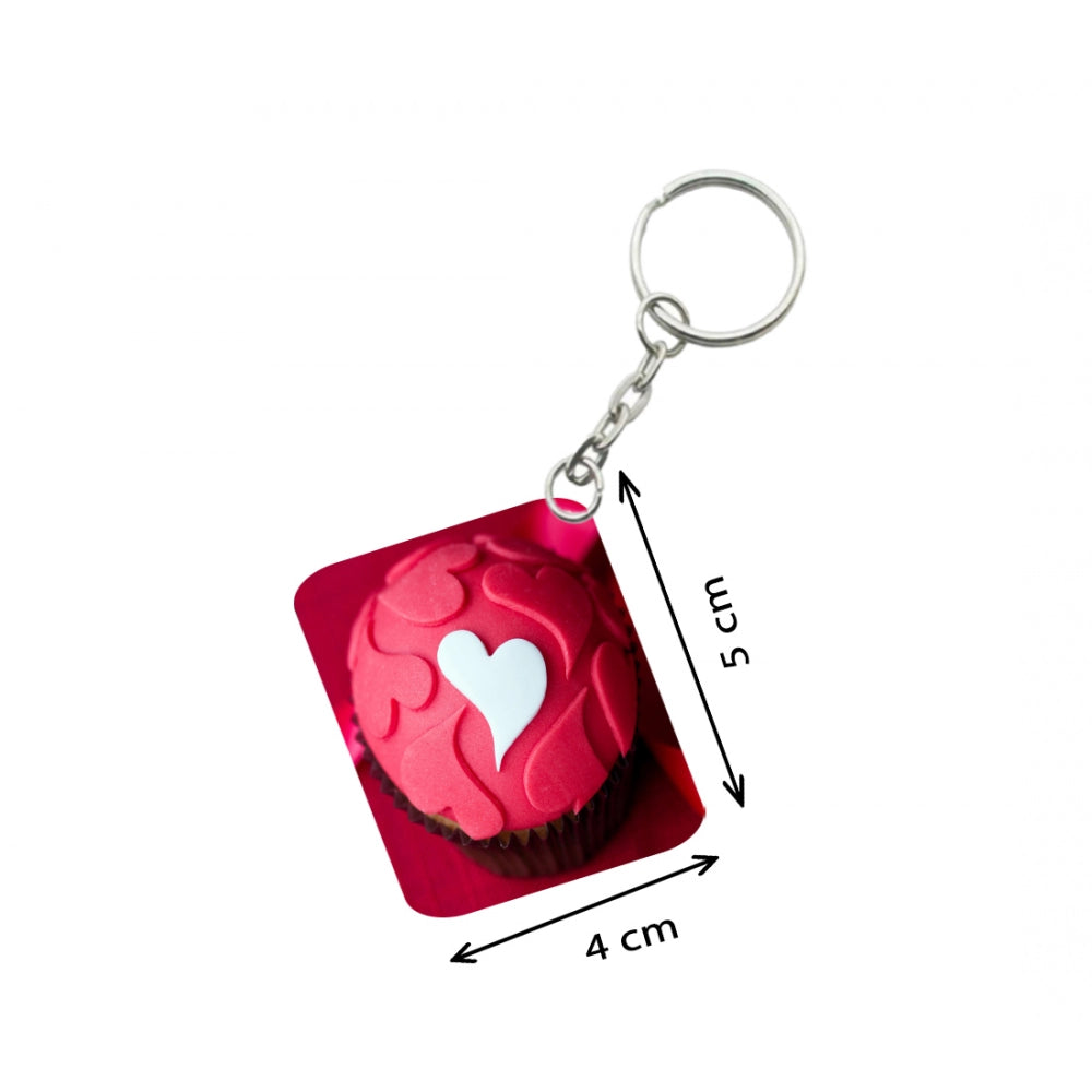 Generic Pack Of 3_ Cake Shape Pink Heart One Side Printed Rectangle Designer Keychain (Red)