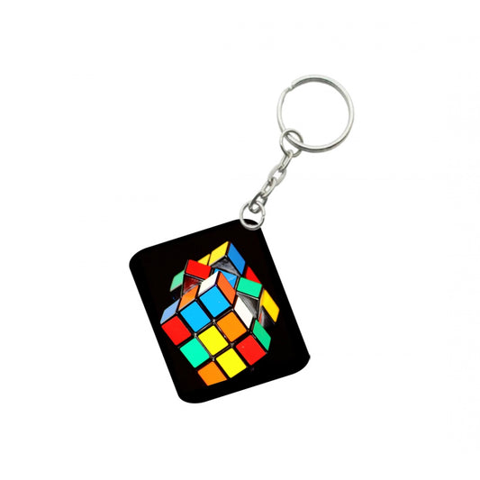 Generic Pack Of 3_ Rubiks Cube One Side Printed Rectangle Designer Keychain (Multi Color)