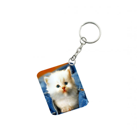 Generic Pack Of 3_ White Cat One Side Printed Rectangle Designer Keychain (White)