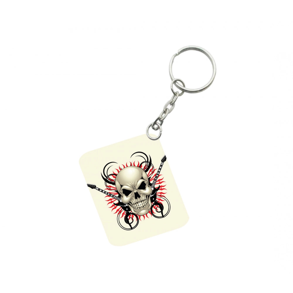 Generic Pack Of 3_ Skull With Music One Side Printed Rectangle Designer Keychain (White)