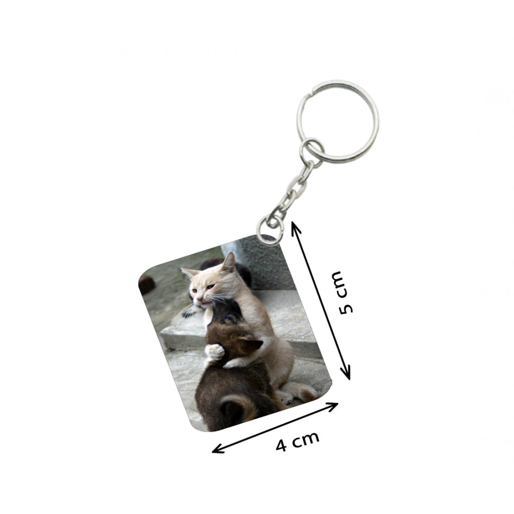 Generic Pack Of 3_ Cat Love One Side Printed Rectangle Designer Keychain (Brown)