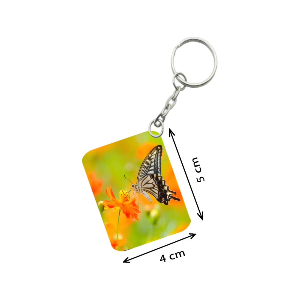 Generic Pack Of 3_ Orange Flower With Butterfly One Side Printed Rectangle Designer Keychain (Orange)