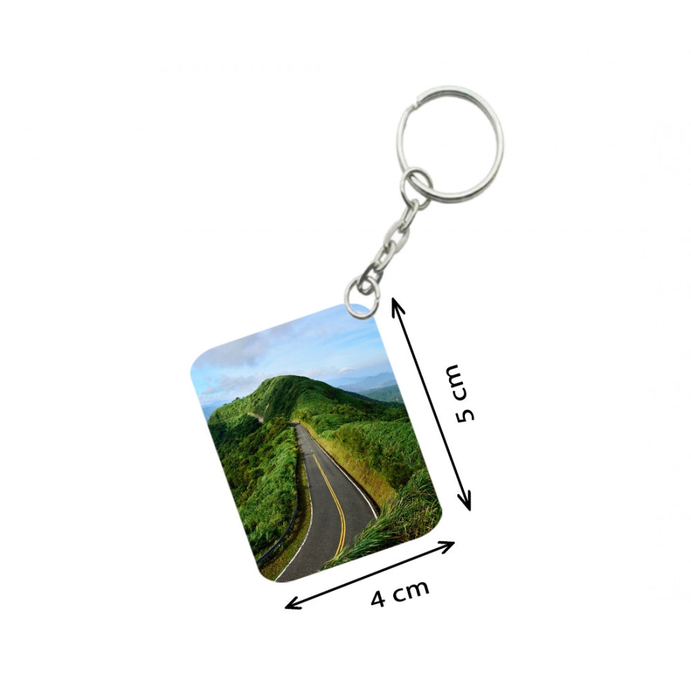 Generic Pack Of 3_ Landscape Mountains Road Green One Side Printed Rectangle Designer Keychain (Green)