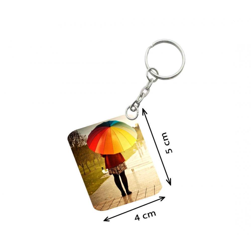 Generic Pack Of 3_ Girl Under Umbrella One Side Printed Rectangle Designer Keychain (Multi Color)