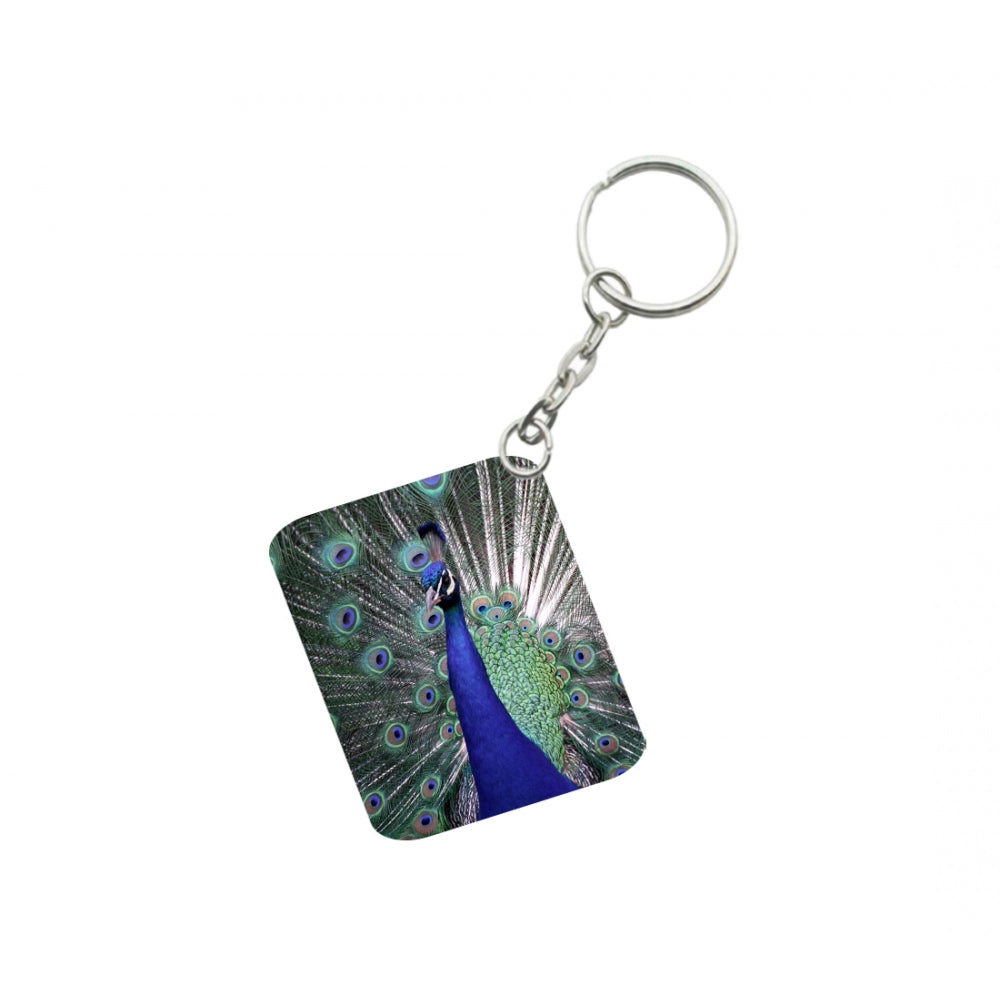 Generic Pack Of 3_ Peacock One Side Printed Rectangle Designer Keychain (Multi Color)