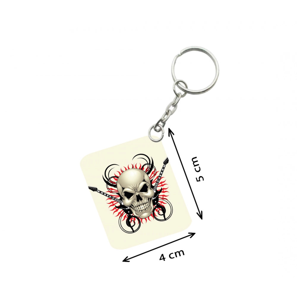 Generic Pack Of 3_ Skull With Music One Side Printed Rectangle Designer Keychain (White)