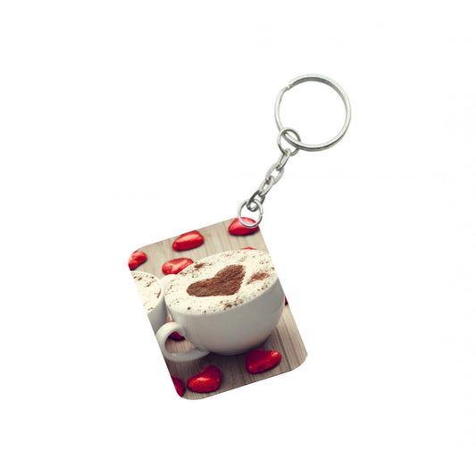 Generic Pack Of 3_ Cup Of Coffee With Heart-Shaped Froth One Side Printed Rectangle Designer Keychain (White)