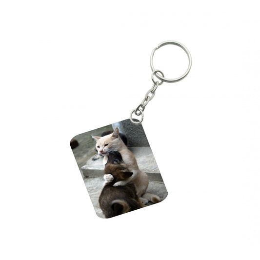 Generic Pack Of 3_ Cat Love One Side Printed Rectangle Designer Keychain (Brown)