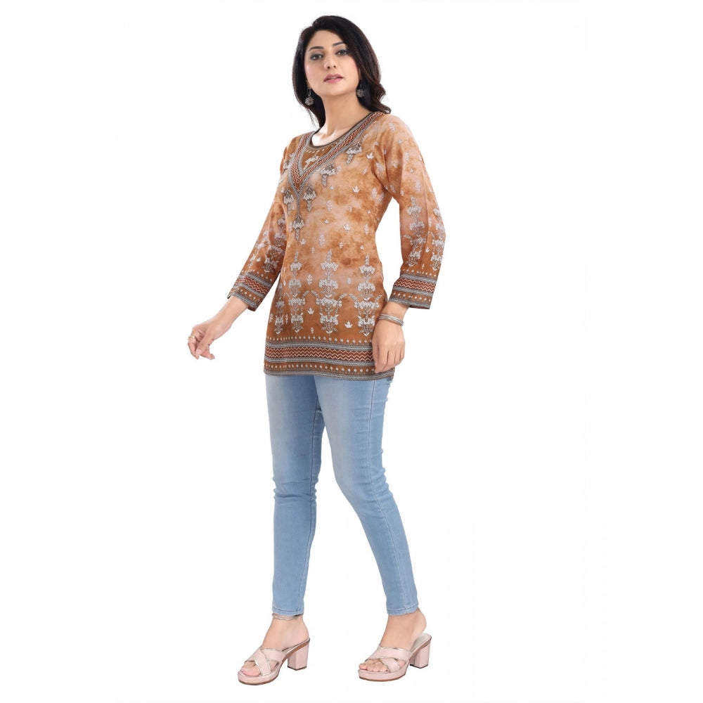 Generic Women's 3/4th Sleeve Faux Crepe Tunic Short Top (Light Brown)