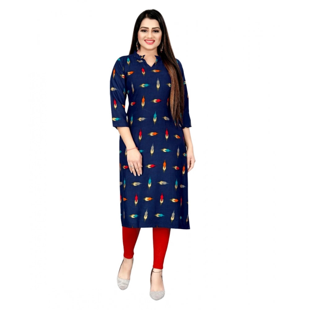 Generic Women's Rayon Foil Printed Straight Kurti (Navy Blue)