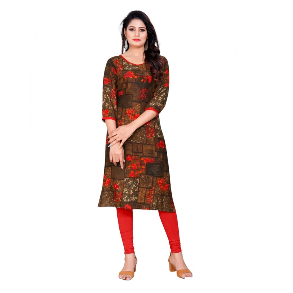 Generic Women's Rayon Foil Printed Straight Kurti (Brown)