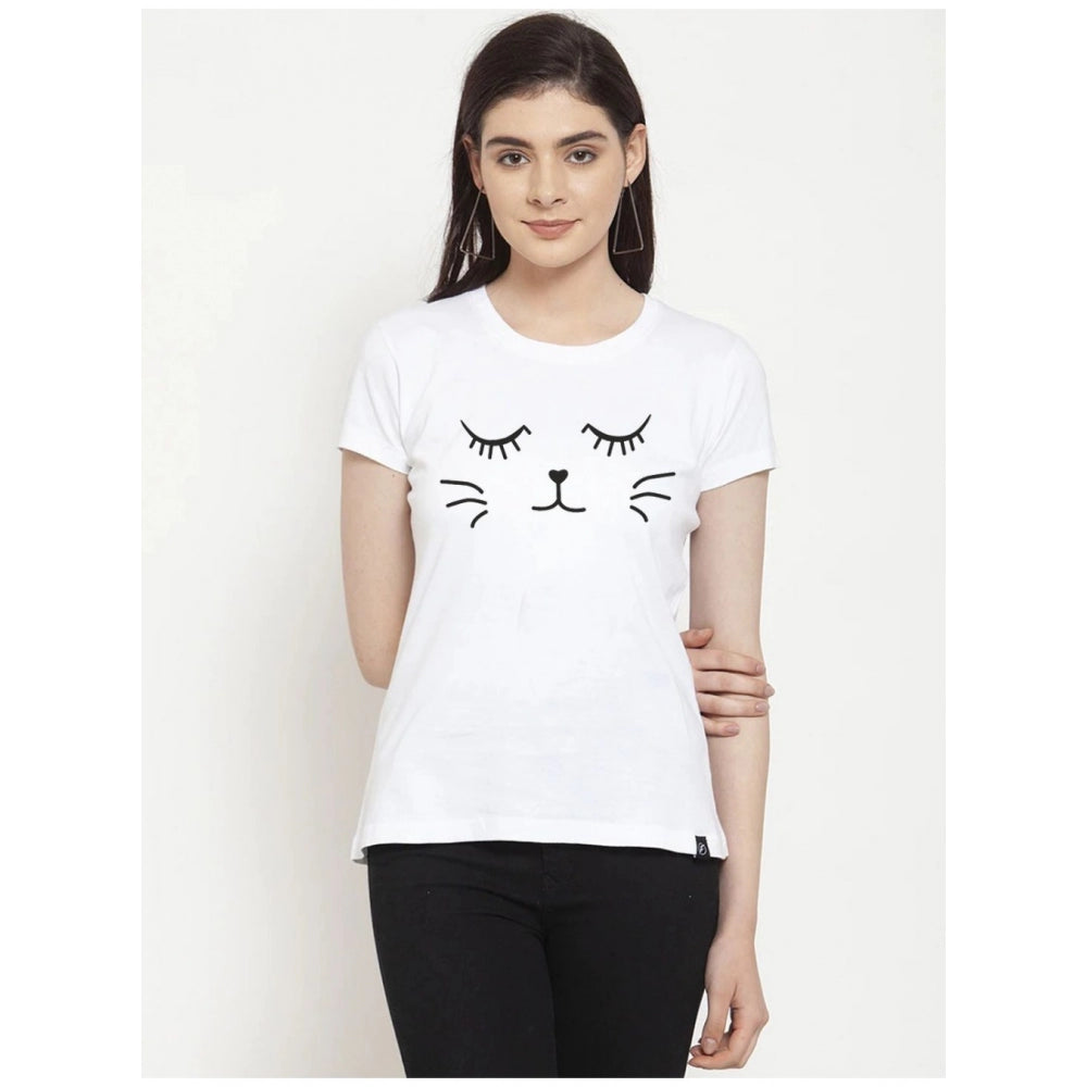 Generic Women's Cotton Blend Graphic Cat Printed T-Shirt (White)