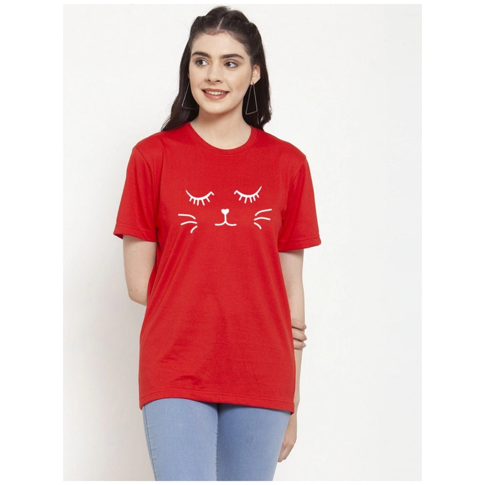 Generic Women's Cotton Blend Graphic Cat Printed T-Shirt (Red)