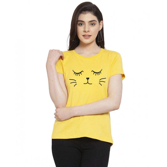 Generic Women's Cotton Blend Graphic Cat Printed T-Shirt (Yellow)